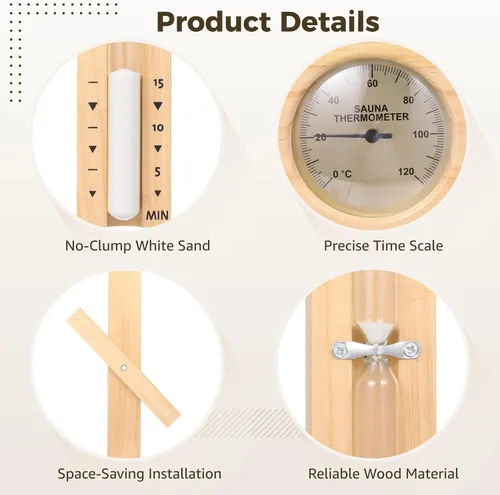 Miniatura 3 de Termómetro higrómetro de sauna de 2 piezas con temporizador de arena de 15 minutos, doble calibre Fahrenheit y humedad de temperatura Celsius