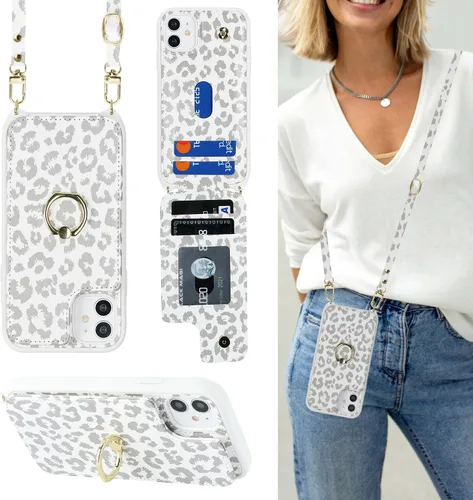 Miniatura 12 de Lipvina para iPhone 11 Pro Funda para teléfono con tarjetero y correa para mujeres, cordón cruzado, soporte de anillo con patas, cierre de presión