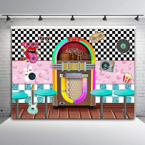 Miniatura 2 de Volver a los años 50 Sock Hop fotografía telón de fondo de vinilo de 7 x 5 pies para fiestas de rock roll de los años 50, decoraciones de soda