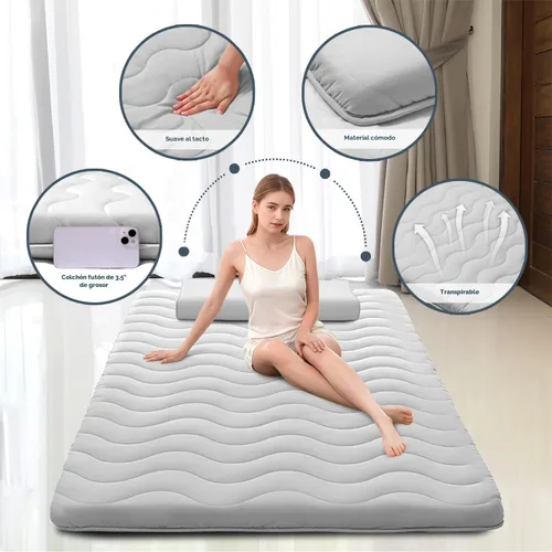 Miniatura 2 de Colchón de Futón Japonés para Suelo, 100% Espuma Cómoda de Alta Densidad, Colchón Plegable Engrosado de 3.5 Pulgadas, Tapete Tatami para Dormir, Gris
