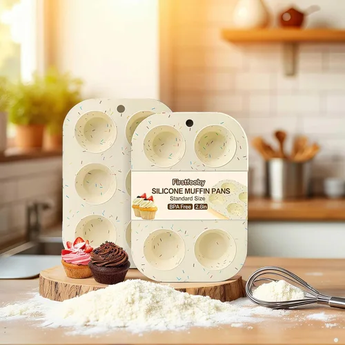 Miniatura 9 de 2 Pack Molde de silicona para magdalenas para hornear, molde de cupcakes antiadherente de tamaño normal, molde de silicona para magdalenas de 6 Crema