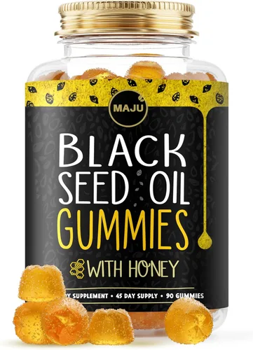 MAJU - Gomitas de aceite de semilla negra con miel, 90 unidades, 500 mg de gomita BSO, aceite de nigella sativa de semillas de comino negro,