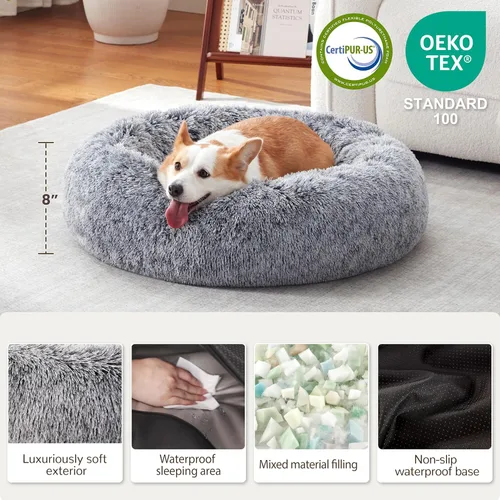 Miniatura 2 de Cama para perros en forma de dona, tamaño mediano, camas redondas para perros y gatos pequeños y medianos con piel sintética esponjosa lavable, Gris