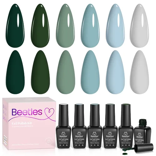 Miniatura 9 de Beetles - Juego de esmaltes de uñas en gel, 6 colores, verde, verde oscuro, gris, azul, azul bebé, brumoso, semipermanente, necesita lámpara UV
