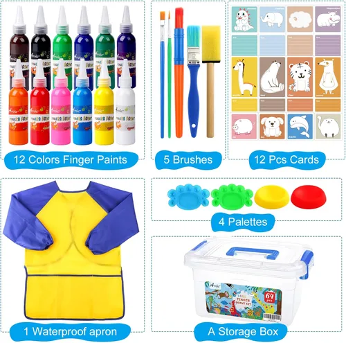Miniatura 3 de Juego de 64 pinturas lavables, 12 colores no tóxicas para dedos con esponjas, pinceles de pintura, bata de pintura impermeable, paletas, tarjetas