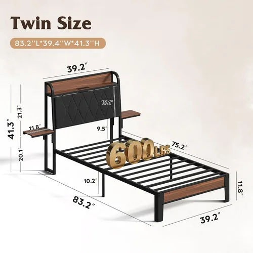 Miniatura 2 de WLIVE Base de cama individual con cabecero, base de cama tapizada con 2 estantes de almacenamiento, cama de plataforma con luces LED y estación