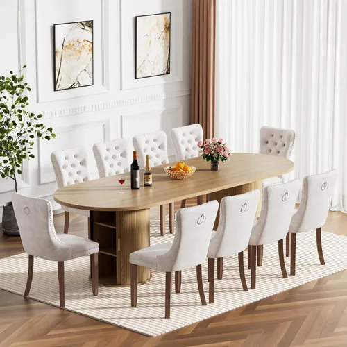 Miniatura 13 de Mesa de comedor redonda extensible de 94 pulgadas con base de almacenamiento, mesa de comedor expandible natural para 10, mesa de comedor de madera