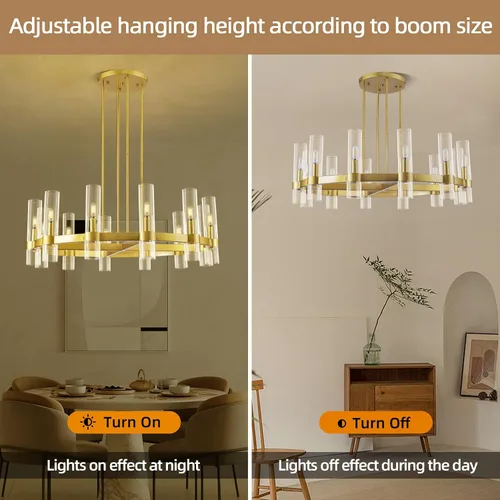 Miniatura 7 de Candelabro de 12 Luces de Latón Redondo 36" Candelabros de Rueda de Vagón de 91 cm para Fijo de Iluminación de Comedor Tubo de Vidrio Transparente