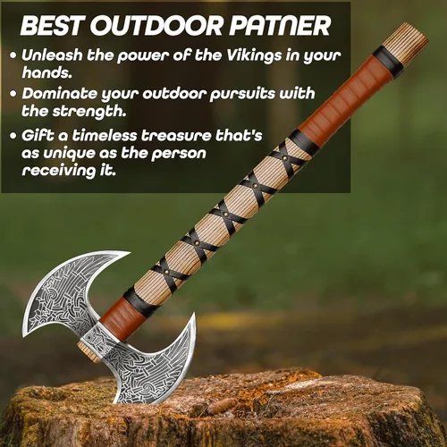 Miniatura 6 de SHINY CRAFTS® Hacha Vikinga Hecha a Mano – Hoja Nórdica Grabada con Mango de Madera Regalo Único para Hombres, Coleccionistas, Cosplay y Decoración