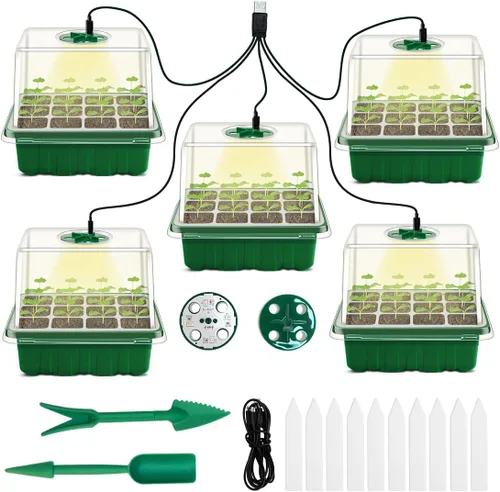 Bandeja de inicio de semillas con luz de crecimiento, 5 paquetes de bandeja de inicio de plantas kit iniciador de plántulas con base de cúpulas de