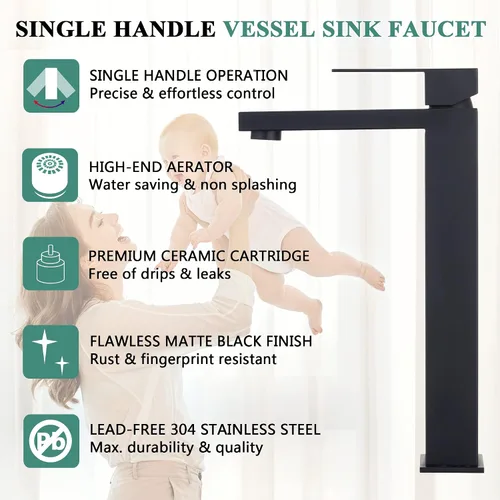Miniatura 4 de Tohlar Grifo de lavabo de recipiente negro, grifo de baño alto, moderno grifo de fregadero negro de una sola manija para montaje en cubierta de 1