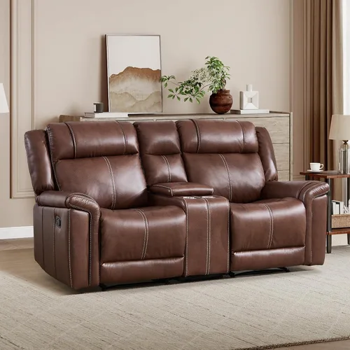 Miniatura 23 de EBELLO Sofá reclinable de cuero sintético de 3 plazas, sofá reclinable manual, silla de 3 asientos de estilo moderno de mediados de siglo con Marrón