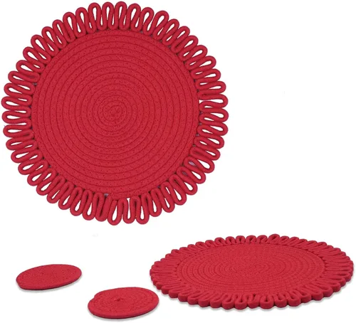 Miniatura 3 de AHHFSMEI Juego de manteles individuales redondos tejidos a mano de jacinto de agua natural de jacinto de agua tejido a mano para mesa de comedor Rojo