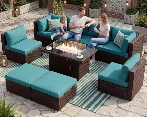 Miniatura 51 de BULEXYARD Juego de muebles de patio de respaldo alto de 7 piezas con mesa de fogata de combustible dual propano/gas natural, sofá seccional
