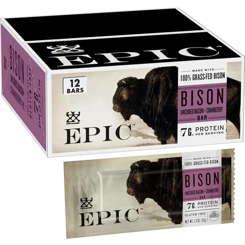 Barritas EPIC de tocino de bisonte y arándanos rojos, alimentadas con hierba, 12 unidades en caja, barritas de 1.3oz