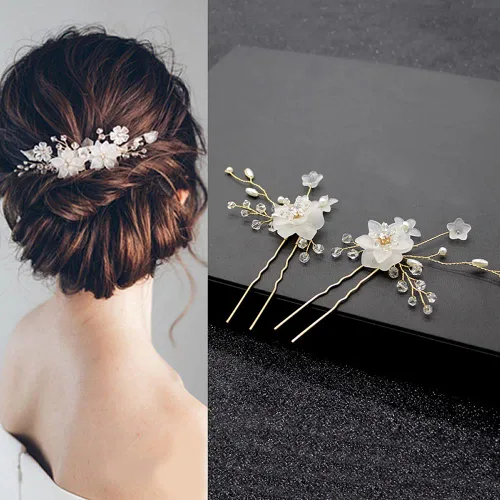 Miniatura 2 de inSowni Paquete de 26 peines laterales de boda con perlas de flores doradas+horquillas en forma de U, pasadores decorativos con diamantes