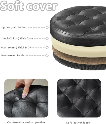Miniatura 5 de Bsketa® Otomana plegable redonda de almacenamiento de 14 x 14 x 13 pulgadas, taburete de pie con asiento acolchado de espuma más gruesa, banco Negro