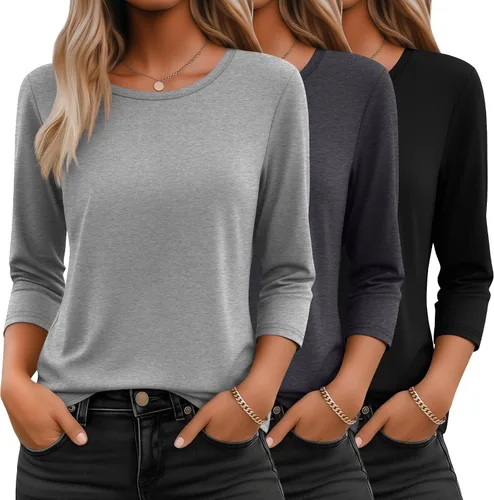 Miniatura 18 de Ficerd Paquete de 3 camisetas de manga 3/4 para mujer, cuello redondo, camisetas básicas elegantes, casuales, modernas, holgadas