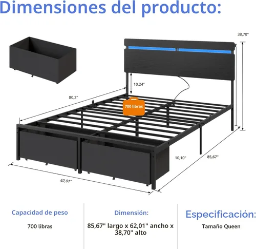 Miniatura 2 de Forestell Base de cama Queen con cabecera de madera, cama de plataforma negra con 2 cajones de almacenamiento y estante, estación de carga integrada
