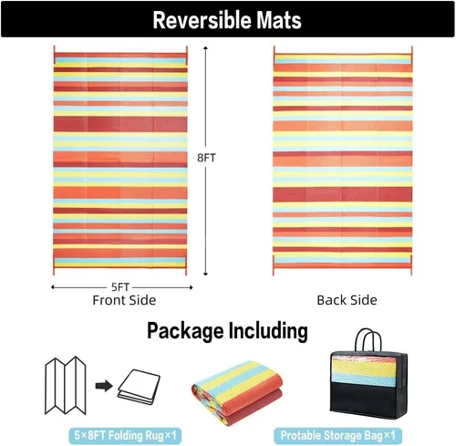 Miniatura 2 de HUGEAR Alfombra Impermeable para Exteriores 5'x8' Alfombras de Paja de Plástico Lavable Reversible Tapete de Piso a Rayas Arcoíris para Camping