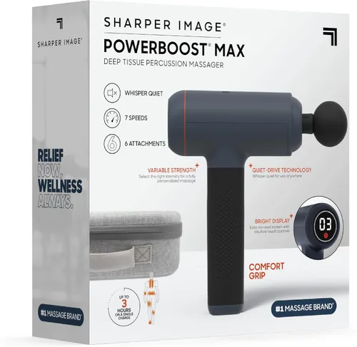 Miniatura 8 de Sharper Image Pistola de masaje de percusión de tejido profundo, masajeador de mano recargable Powerboost Max, 7 velocidades ajustables, 6 cabezales