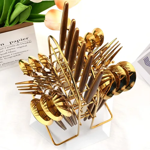 Miniatura 7 de Juego de cubiertos de 24 piezas de mango de madera, juego de cubiertos de acero inoxidable de madera, cuchillo de cena, tenedor, cucharadita