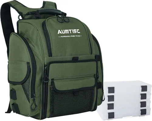 Miniatura 8 de AUMTISC Mochila para aparejos de pesca para hombres con 4 cajas de aparejos, 2 soportes para cañas, cubierta para lluvia, bolsas de equipo de pesca