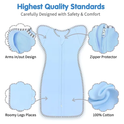 Miniatura 5 de Saco de dormir de transición para bebé de 0-3 meses con brazos hacia arriba, cremallera de 2 vías, 100% algodón, brazos adentro/afuera, 0.8 Tog