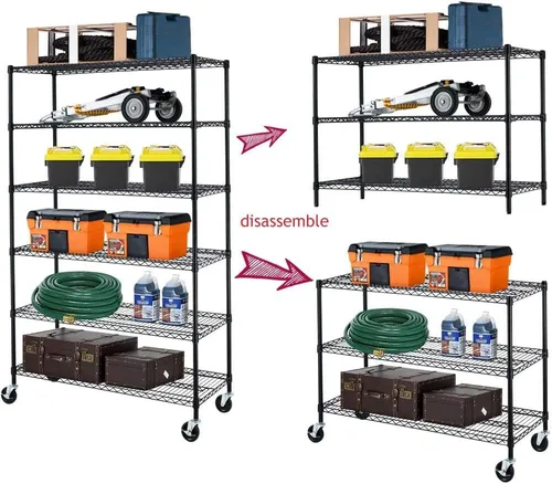 Miniatura 7 de Estantería de alambre resistente de 6 niveles, estante de almacenamiento ajustable sobre ruedas, capacidad de peso de 6000 libras, estantes de Negro