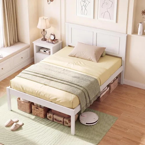 Miniatura 12 de Giantex Marco de cama de madera individual con cabecero, plataforma moderna de mediados de siglo con soporte de listones de madera, base de colchón