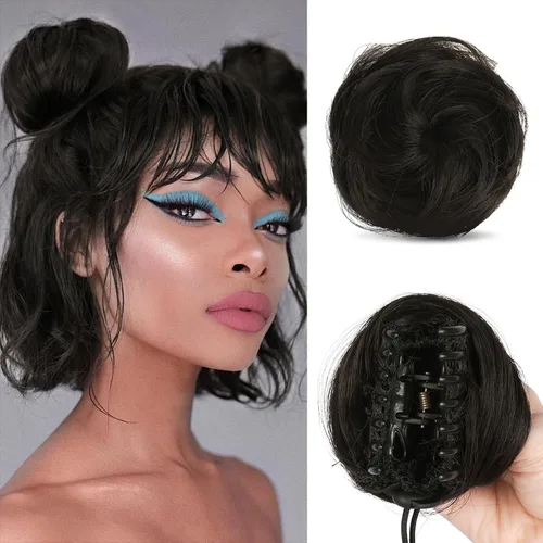 Miniatura 14 de Sofeiyan 2 piezas de extensión de cabello rizado ondulado en forma de moño desordenado, mini moño desordenado con banda elástica, peluca sintética