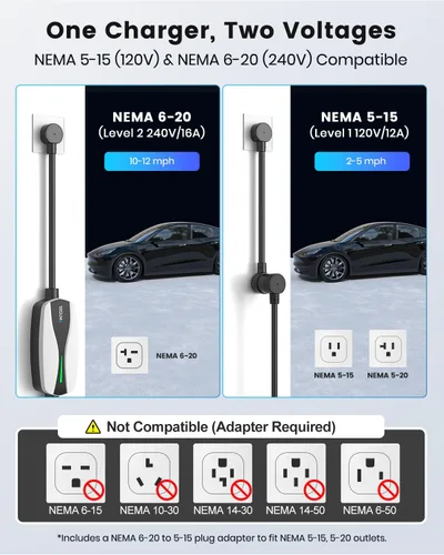 Miniatura 3 de Cargador EV portátil de nivel 1/2 para Tesla, 12A/16A, cable de extensión móvil de coche eléctrico de 25 pies con enchufe NEMA 6-20 de 240V