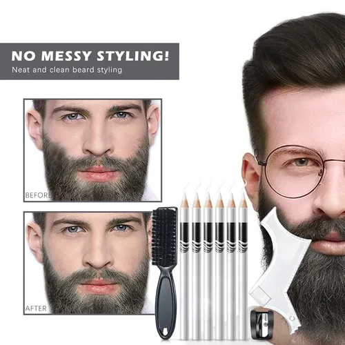 Miniatura 3 de NewBang Juego de 8 lápices de peluquero blancos – Lápices de trazo de afeitar de borde para guía de barba y modelado con sacapuntas, cepillo y regla