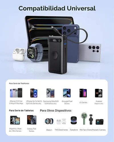 Miniatura 9 de Cargador portátil con cables integrados y enchufe de pared, 50% más pequeño 10000 mAh, cargador de batería USB C de 22.5 W, batería esencial