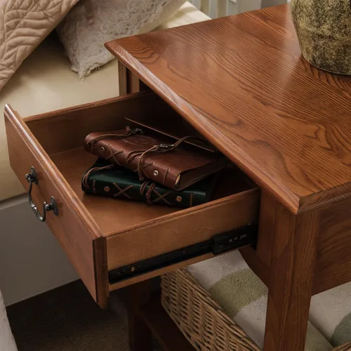 Miniatura 6 de Salem Mesita de noche de madera maciza con cajón y estante, roble medio, perfecta para dormitorios, salas de estar y espacios pequeños - Leick Home