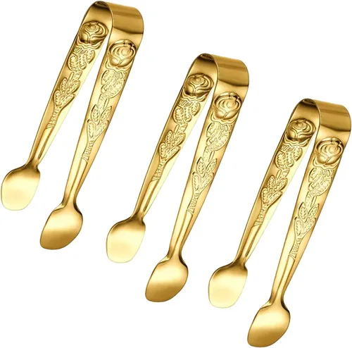 3 piezas de mini pinzas para servir, pinzas de 10 cm de acero inoxidable color rosa para cubitos de azúcar, pinzas pequeñas plateadas para hielo
