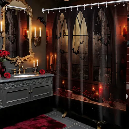 Miniatura 2 de Cortina de ducha de Halloween, diseño de mansión embrujada gótica espeluznante, juego de cortinas de baño de castillo de murciélago gótico Embrujado