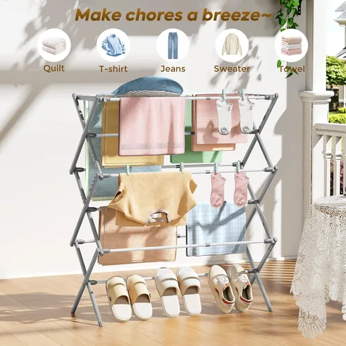 Miniatura 7 de KINGBOARD Tendedero de secado de ropa, plegable con 11 postes, estante de secado de ropa de 3 niveles, estante de secado de ropa pequeño plegable
