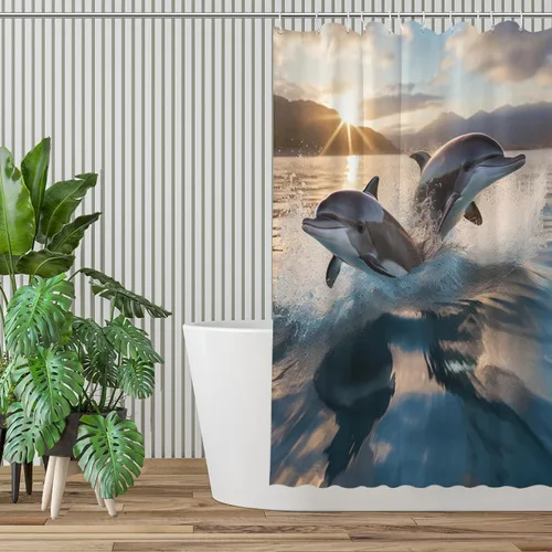 Miniatura 3 de TEAKAY Cortina de ducha de delfín, paisaje de delfín volando sobre el agua, cortina de ducha con estampado fotográfico de delfín, animales marinos
