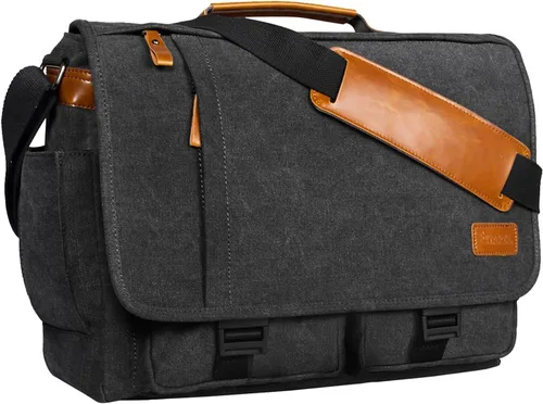 Miniatura 9 de ESTARER Bolsa de mensajero para laptop de 13 a 14 pulgadas, resistente al agua, bolsa de hombro de lona para universidad de negocios, gris