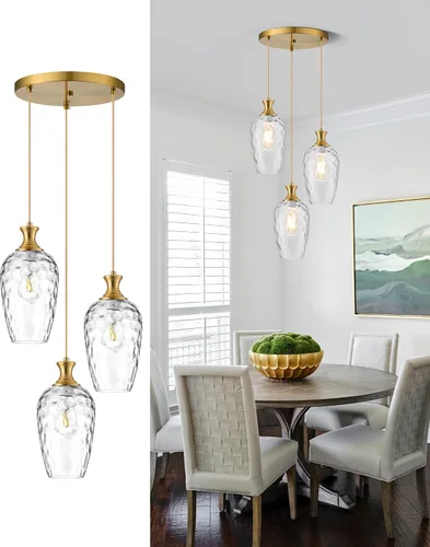 Miniatura 13 de Lámpara colgante de 3 luces, moderna lámpara de araña de níquel cepillado para comedor sobre mesa con vidrio martillado, luces colgantes de racimo