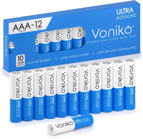 Voniko Paquete de 12 baterías ultra AAA, alcalinas triple A, ultra duraderas para todos tus dispositivos, vida útil de 10 años, a prueba de fugas y