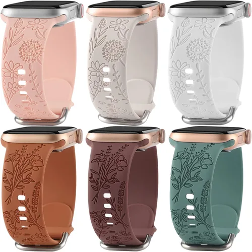 Paquete de 6 correas de silicona grabadas con estampado floral compatibles con Apple Watch de 1.575 in 1.614 in 1.496 in 1.654 in 1.732 in 1.772 in