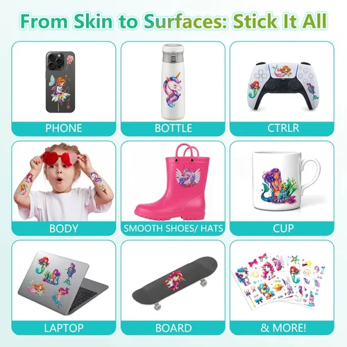 Miniatura 4 de Más de 150 tatuajes temporales con purpurina para niñas – Adhesivos impermeables envueltos individualmente – Sirena, unicornio, hada, mariposa y más