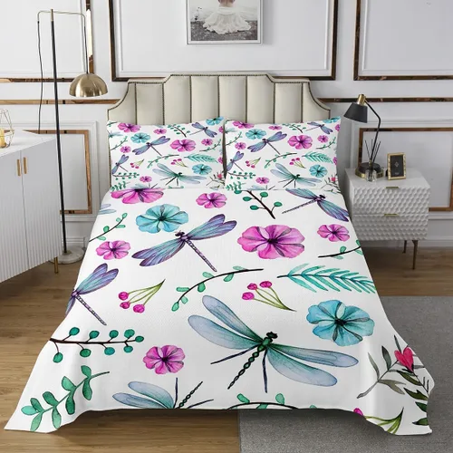 Erosebridal Juego de edredón de libélula para damas, niñas y mujeres, juego de colcha floral de libélula colorido, juego de colcha floral de flores