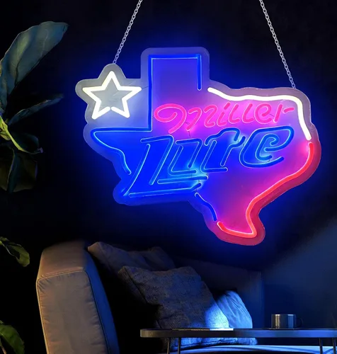 Miniatura 4 de Nuevo letrero de neón Millers Lite de 20 x 16 pulgadas con diseño de estrellas solitarias de Texas, letrero de cueva para hombre, barra deportiva