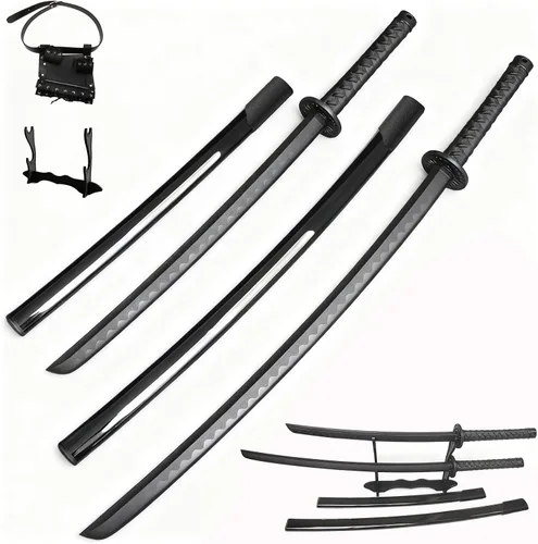 2PCS Polypropylene Plastic Training Martial Sword,Black Practice Katana Sword with Sheath,Training Katana for Practice,with Belt and Stand