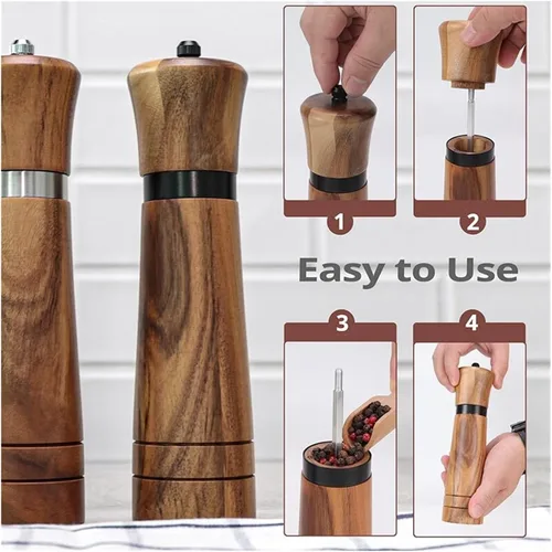 Miniatura 6 de Steel Ring Pepper Grinder,Manual Acacia Wood Mill,Multi Use Seasoning Bottle,Ceramic Core,BBQ Tool Shaker Sets (10in Set With Base)