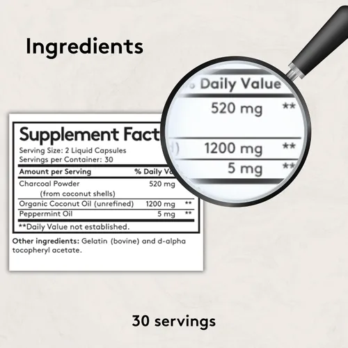 Miniatura 10 de Youth & Tonic Píldoras de carbón activado líquido 3 en 1 + 1200 mg de aceite de coco orgánico y aceite de menta, desintoxicación digestiva