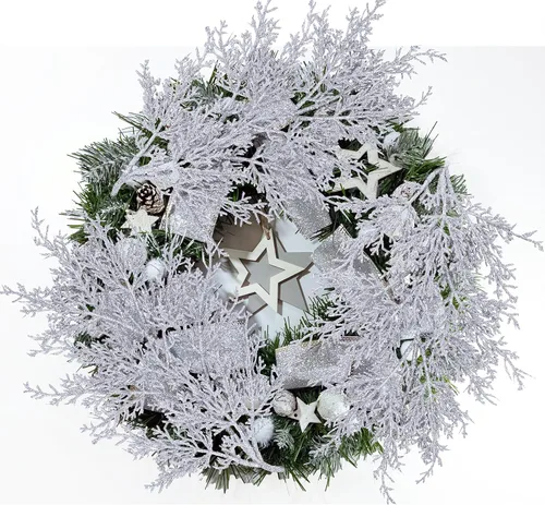Miniatura 7 de Winlyn 6 piezas de cedro artificial con purpurina en aerosol plateado de Navidad, ramas de pino de cedro sintético, arreglos florales plateados